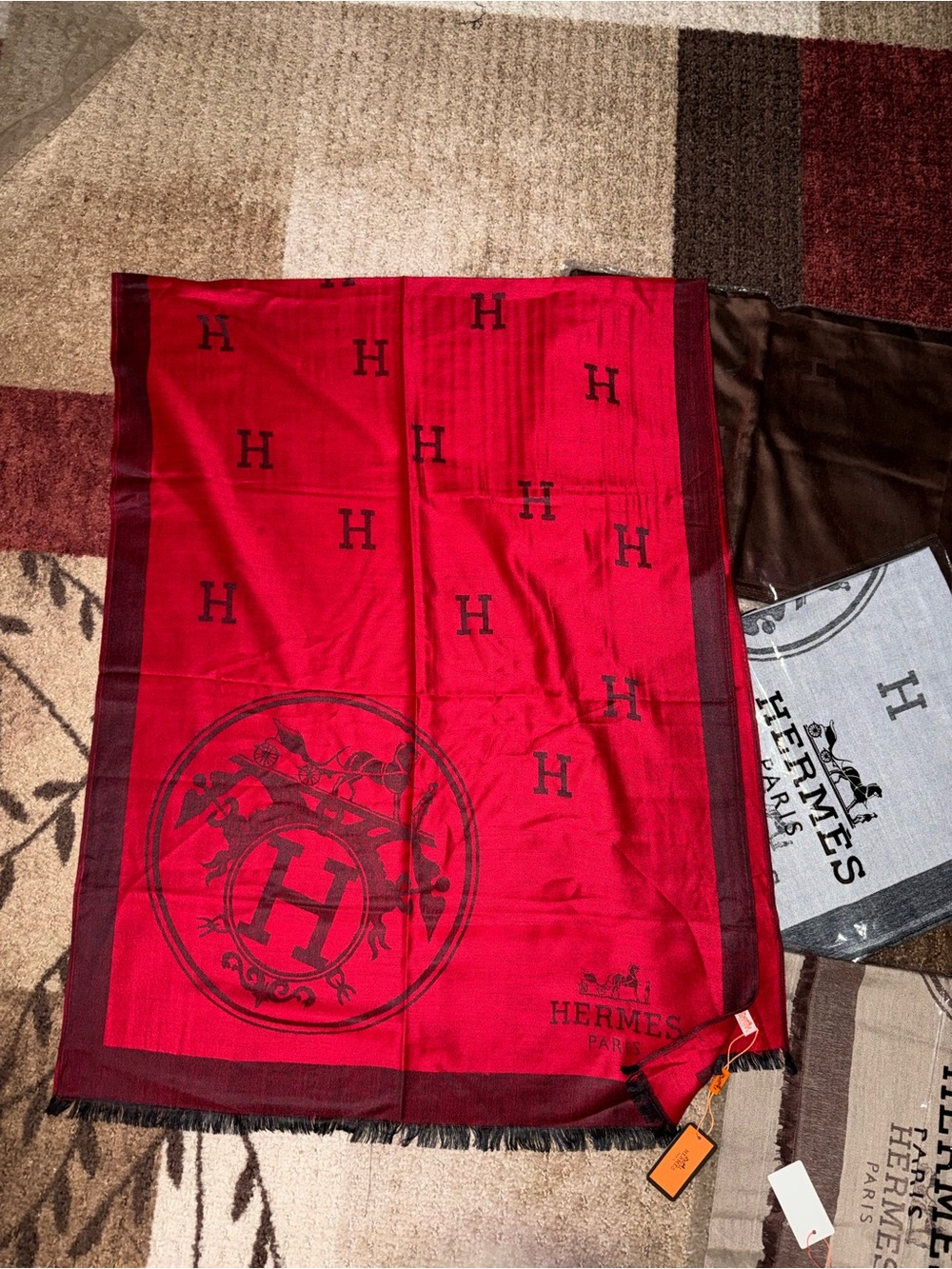 Dark Red & Red “H” Reversible Fashion Scarf Wrap- NWT